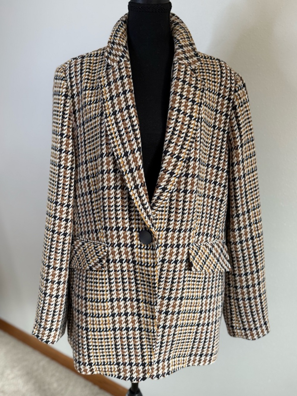 Charlie B Plaid Blazer XL NWT Houndstooth Jacket Brown Navy Oversized